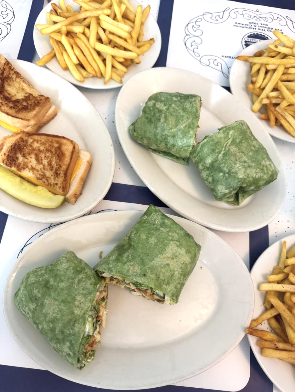 Spinach wraps, grilled cheese, and crispy fries